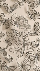 Obraz premium Black Line Art Butterflies Woman Wallpaper