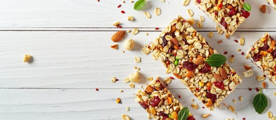Gluten-free granola bars with nuts, seeds, and dried fruits on a white wooden surface, with space for text. Overhead shot.