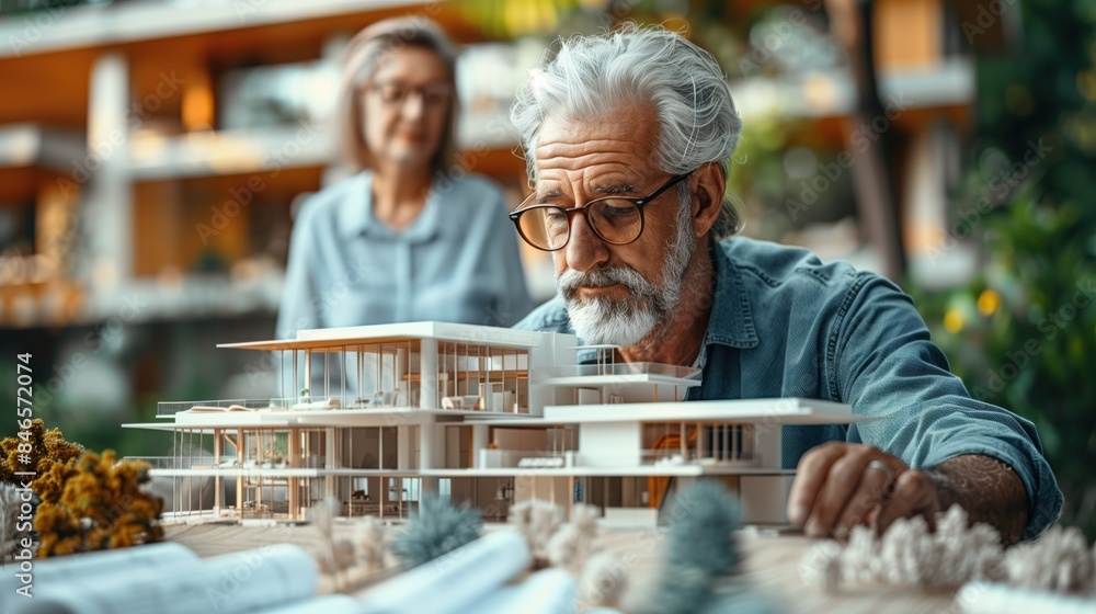 Poster architect and colleague reviewing house model. architect and colleague reviewing a detailed house mo