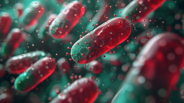 Сoncept of interaction between antibiotic and gut microbiome. 3d abstract illustration.