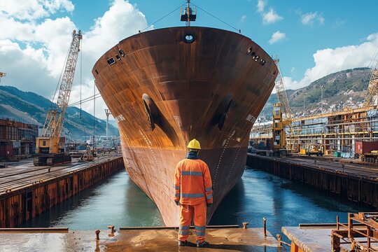 Worker in shipyard by large ship in dry dock. Shipyard worker in a hard hat and orange uniform stands before a large ship in a dry dock, with cranes and hills in the background.