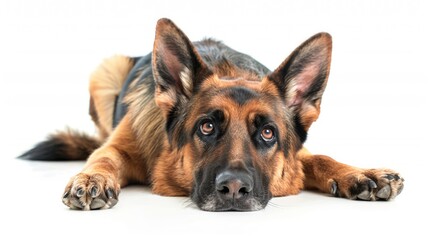 German Shepherd laying over white background