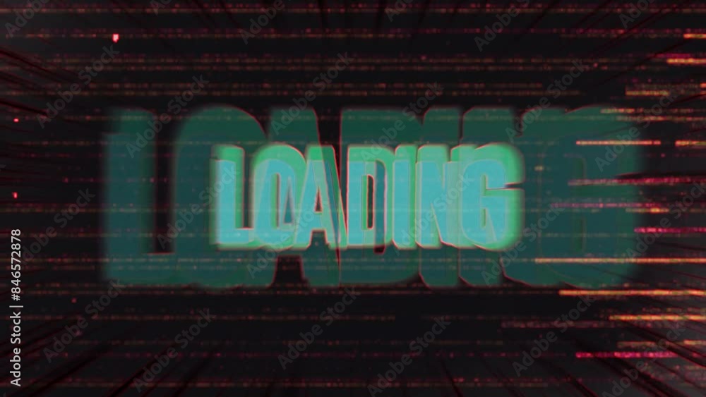Poster Loading text message animation with energy lines, bright flashy colors and flickering and distortion effects