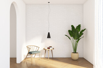 3d render of minimal interiordesign of hallway with armchair, coffee table, hanging lamp and frame mock up. Wood parquet floor, white brick wall and white ceiling. Set 1