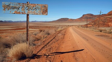 An image of a deserted dirt road winding through a barren red desert landscape with a faded blue signpost with peeling paint and the . AI generation.