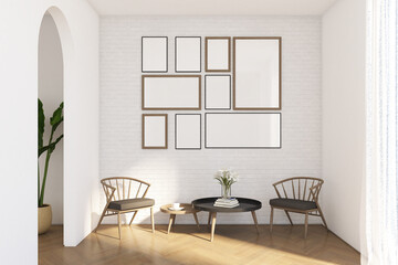 3d render of minimal interiordesign of hallway with armchair, coffee table, and frame mock up. Wood parquet floor, white brick wall and white ceiling. Set 3