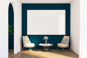 3d render of minimal interiordesign of hallway with armchair, coffee table, hanging lamp and frame mock up. Wood parquet floor, blue wall and white ceiling. Set 7