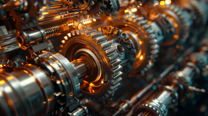 Fototapeta premium Detailed close-up of interconnected industrial gears in motion, showcasing intricate machinery and engineering.