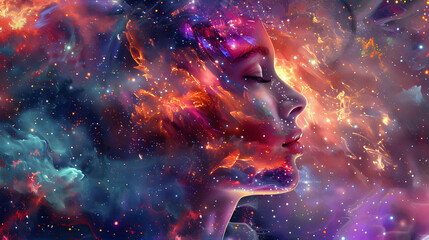 beautiful woman enveloped by the captivating allure of a space nebula, transcending earth. beauty of a woman's features enhanced by the vibrant and expressive strokes of a digital paint splash.