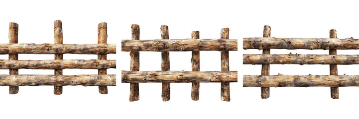 Naklejka premium A wooden log fence with rough, natural textures, placed against a pure highlighting the intricate details of the wood on transparent background