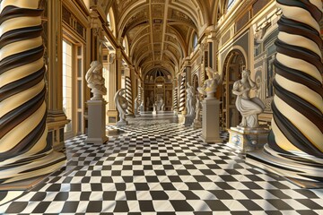 Surreal Gallery with Twisted Columns and Statues