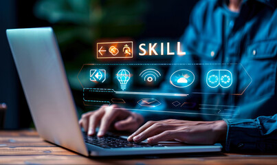 Professional enhances skill set using a laptop, with a focus on talent development icons for career growth, competency, and learning