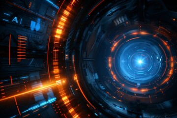 Obraz premium AI digital vortex, glowing blue light, futuristic tech spiral, cyber tunnel illustration
