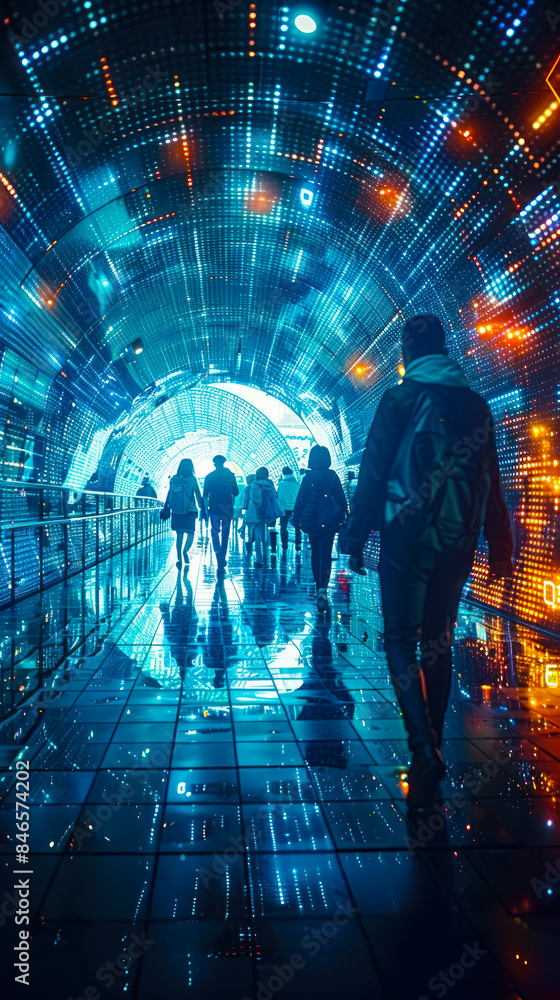 Poster silhouettes of urban citizens walking through a virtual data tunnel representing data privacy challe