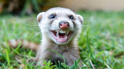 Curious ferret peeking through green grass
