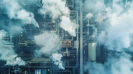 An aerial view of an industrial complex, with steam rising from the machinery, creating a visual metaphor for cloud computings network. Generative AI