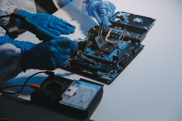 Close up of Technician measuring voltage electronic circuit board television, Service after sale fix electric equipment within insurance.