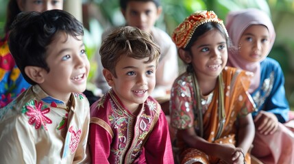 Children from India and Indonesia participating in a cultural exchange program, sharing stories and learning about each other's traditions