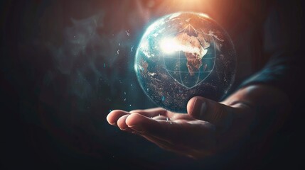 close-up of a hand holding a globe with a protective shield around it, symbolizing the protection of the ozone layer