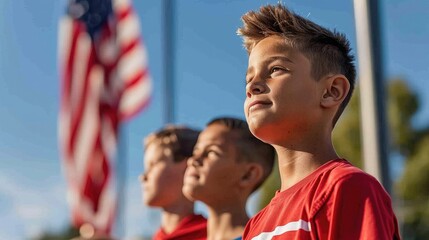 Obraz premium family wearing red, white, and blue, gathered around a flagpole for a Patriot Day flag-raising ceremony