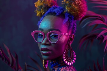 Vibrant portrait of a stylish young African woman with floral hair and pink glasses