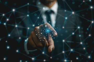Abstract background of technology with touching hands of a businessman.