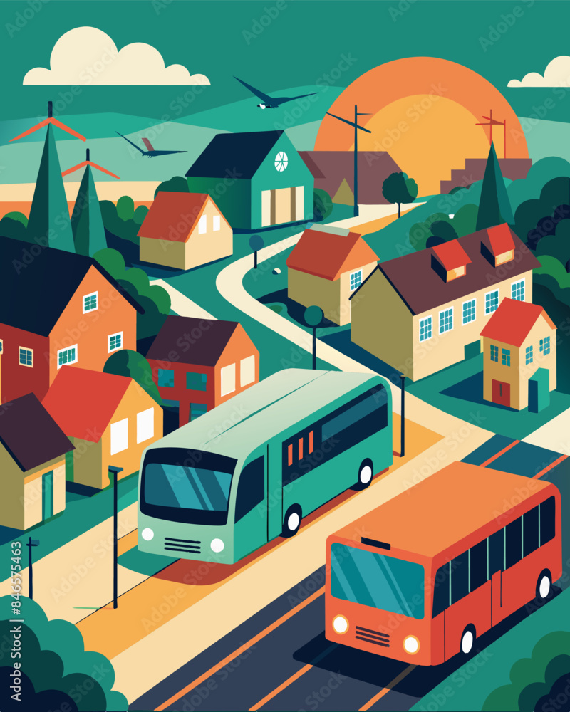 Poster quiet neighborhoods serenaded by the hum of electric buses bringing commuters to and from work witho
