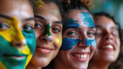 Obraz premium friends painting their faces with the Brazilian flag colors, showing their patriotism on Independence Day