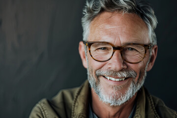 Obraz premium Portrait of a mature man with a reflective grin, hinting at a life filled with meaningful experiences and wisdom gained over the years