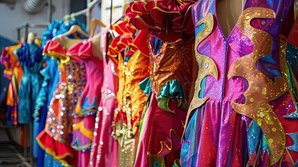 Set of colorful clothes for theater and circus actors. Dresses. costumes, performance, preparation, dressing room, backstage, hanger, silk, mannequins, show. Generative by AI.
