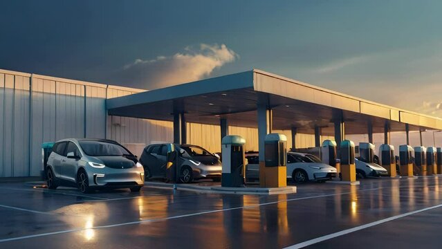 Green Fleet Charging Electric Company Cars at Fast Charger Station in Logistics Center