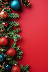 Festive Christmas border composed of fir branches and decorative ornaments arranged on a vibrant red background, perfect for holiday-themed designs or greetings
