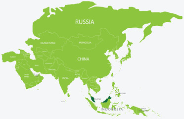 Highlighted green map of MALAYSIA inside light green political map of Asia using orthographic projection on light blue background
