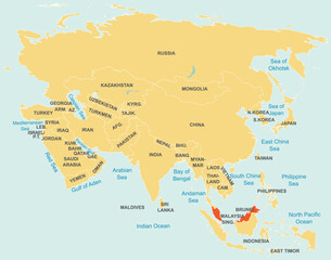 Fototapeta premium Highlighted red map of MALAYSIA inside orange detailed tagged map of Asia using orthographic projection on blue background