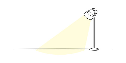 Room floor lamps Continuous line. One line drawing of a home furniture object to illustrate interior design. Line art object. A lampshade in a linear style with a light effect. 