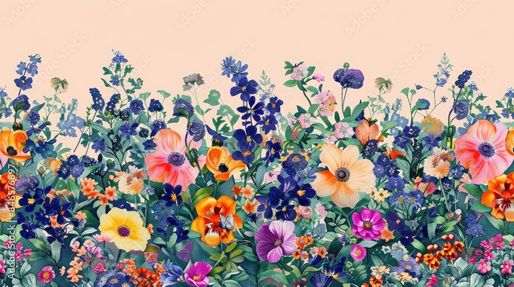 Poster designing digital patterns of flowers arranged in a border and all over pattern