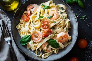 Fresh homemade shrimp pasta with tomatoes and basil