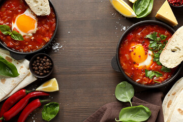 Shakshuka with fresh vegetables on a dark background