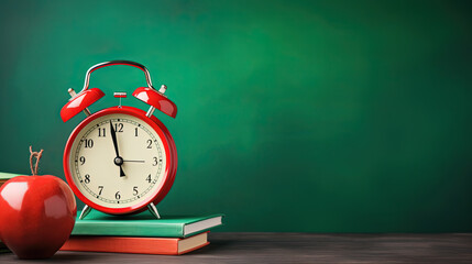 Back to school concept with school equipment and red alarm clock on green chalkboard background