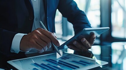 Business executive analyzing financial data on digital tablet. Man in business suit, technology, trading, cryptocurrency, touchscreen, scan, glasses, graphs, charts. Generative by AI