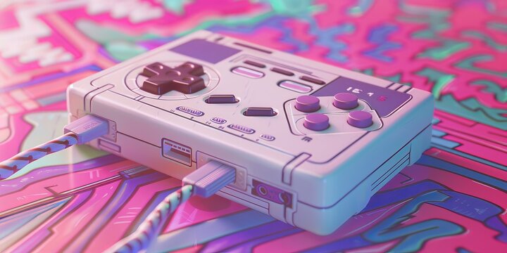 Retro Game Console with Neon Wires on Psychedelic Background