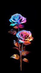 Beautiful romantic holographic Rose flowers bouquet on black background