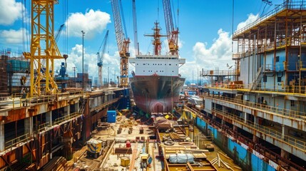 Large ship construction in shipyard with cranes and construction equipment for shipbuilding project