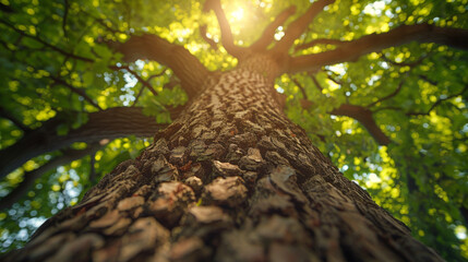 Fototapeta premium View from base of a tree looking up at the sun shining through the green canopy, highlighting the textured bark.