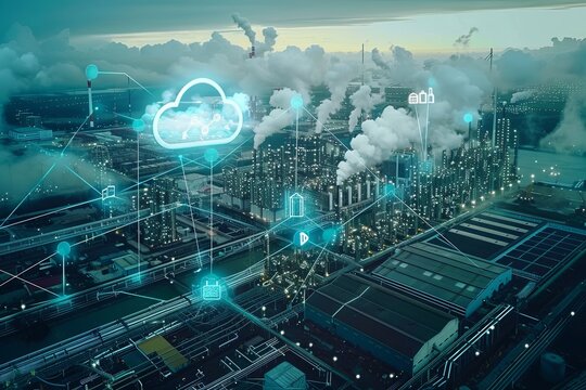 An aerial view of a modern industrial complex illuminated by night, showcasing a vast network of interconnected factories and facilities, representing the integration of cloud computing and Industry
