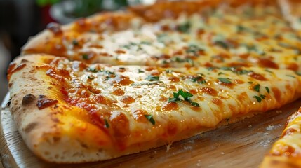 A slice of pizza with cheese and herbs on top