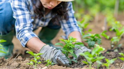 Young Asian adult planting seedlings in garden for sustainable living