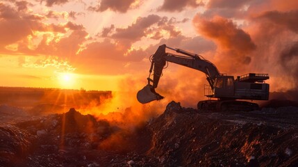 Sunset illuminating a busy surface mining site with a close-up of an excavator in action.