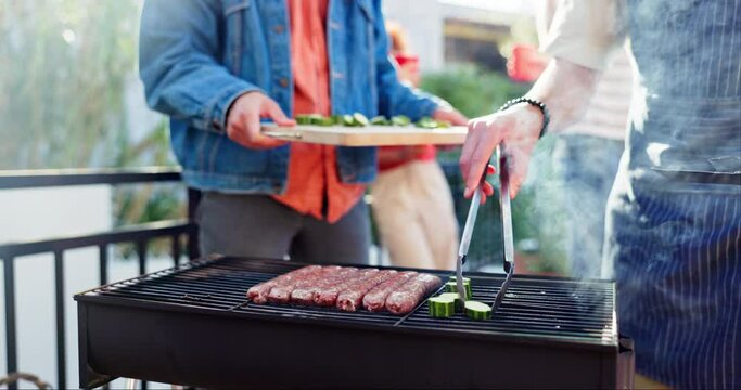 Grill, sausage or bbq dinner for vegetable, meat and outdoor backyard cooking. Flames, food and smoke for barbecue, bonding or people hands relax for traditional American culture for Independence day