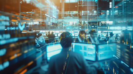 Stock Market Traders Working in a Bustling Trading Floor with Dynamic Screens and a High-Energy Environment